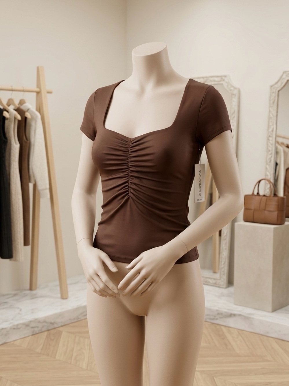 Brown Ruched Square Neck Short Sleeve Tee